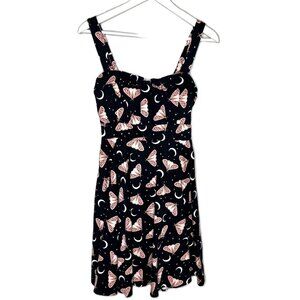 Eva Rose Black Moth & Moon Print Retro Pin-Up Style Dress, Sweetheart Neckline